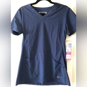 White cross scrub top, size small, navy blue